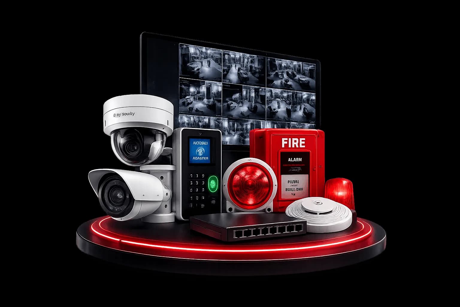 Sky Security System integrated ELV stack — HD & IP CCTV cameras, access control panel, fire alarm, network switch and detectors on a display podium