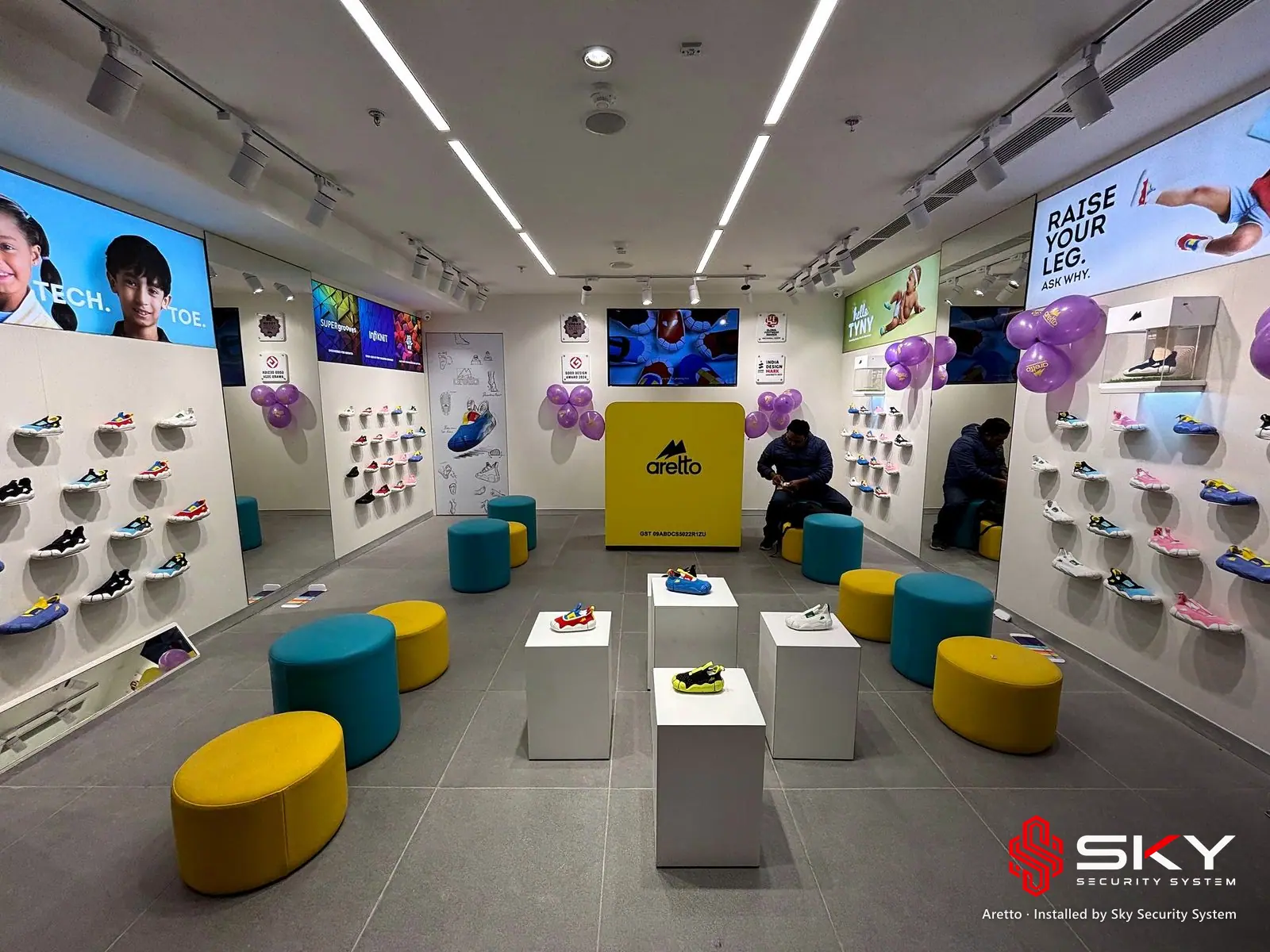 Kids footwear store interior at the Aretto site. Security and ELV work by Sky Security System.