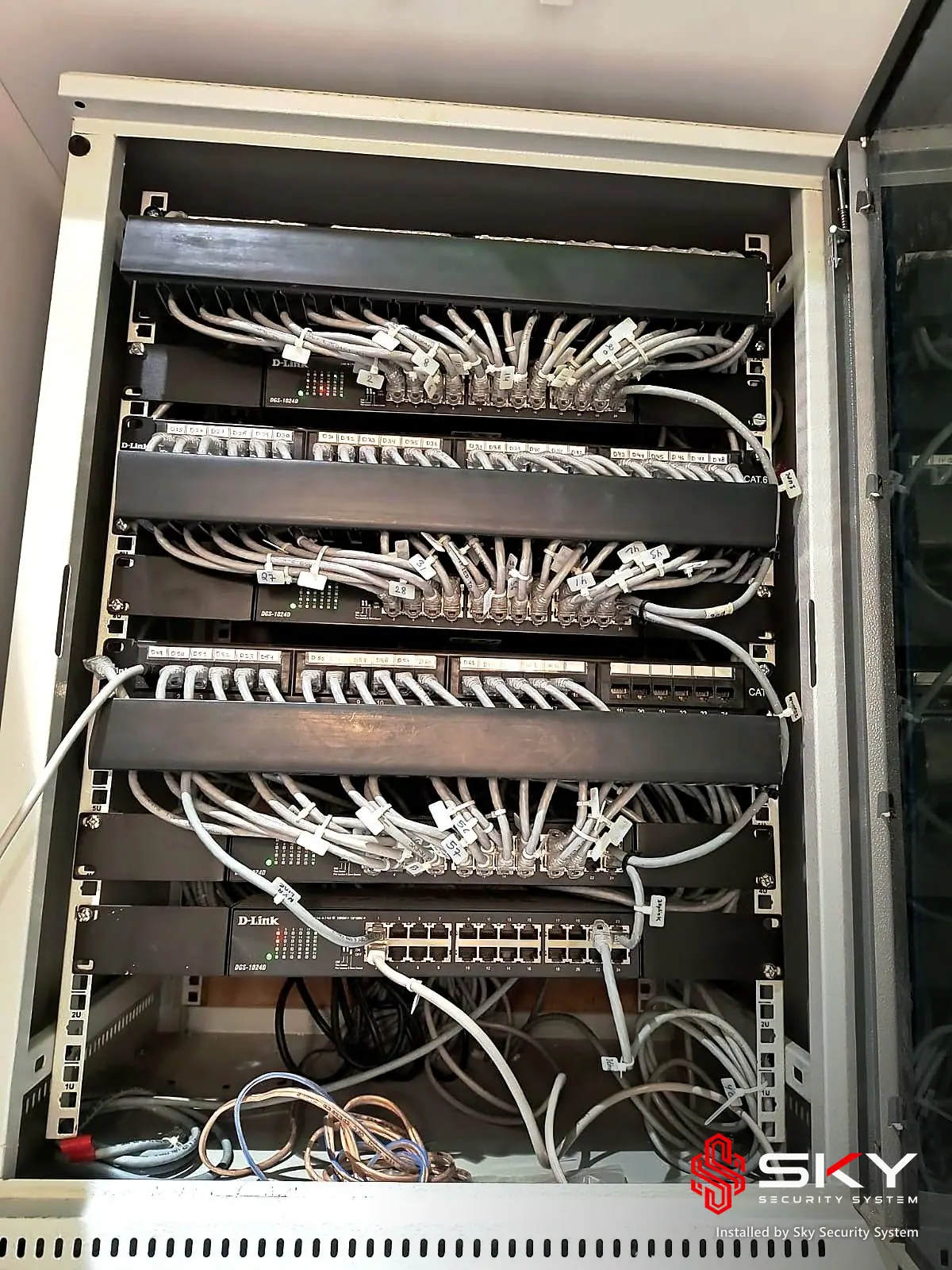 Network rack at a corporate office, Andheri, Mumbai. Security and ELV work by Sky Security System.