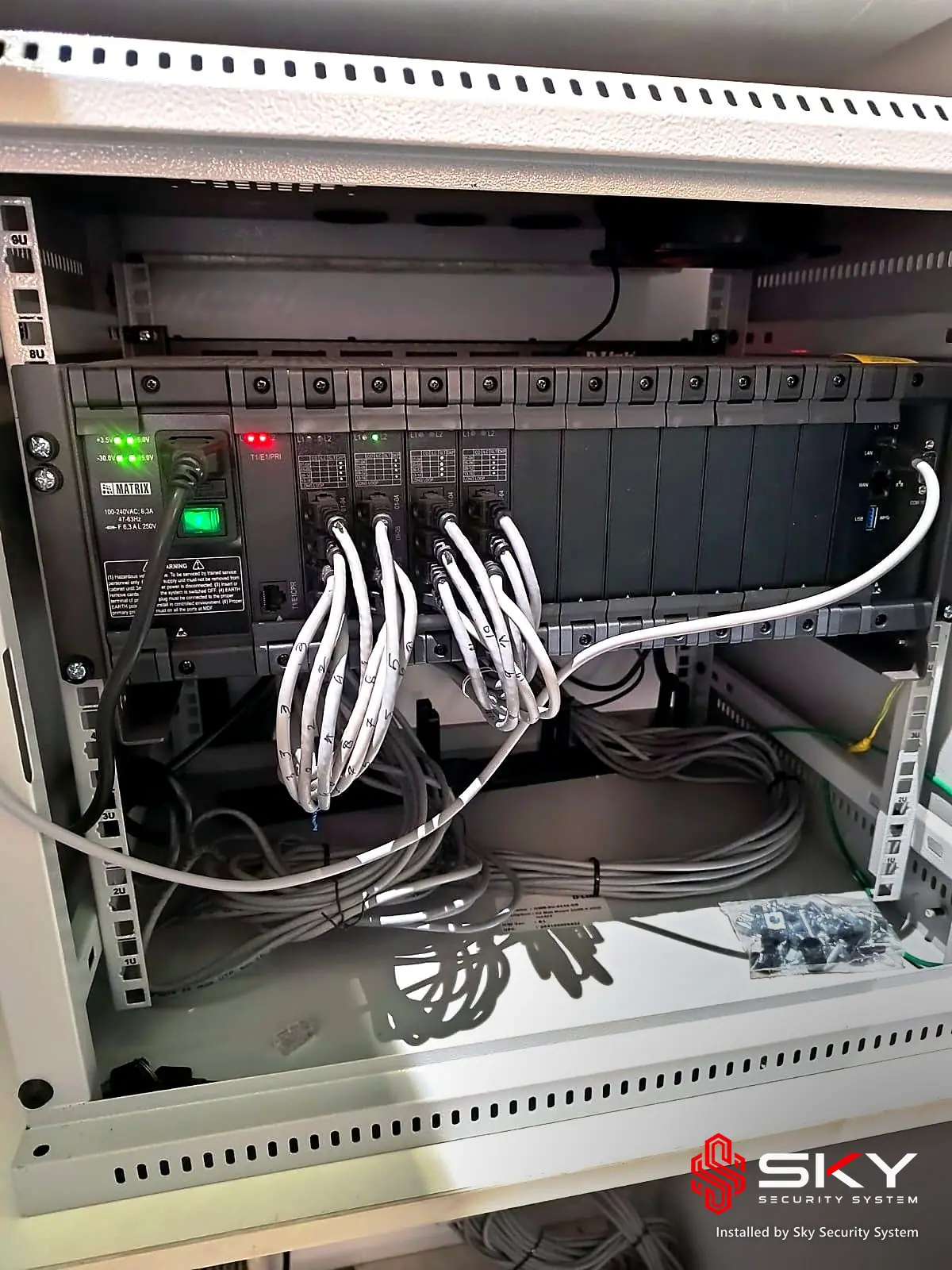 Rack with PoE switches at a corporate office, Andheri, Mumbai. Security and ELV work by Sky Security System.