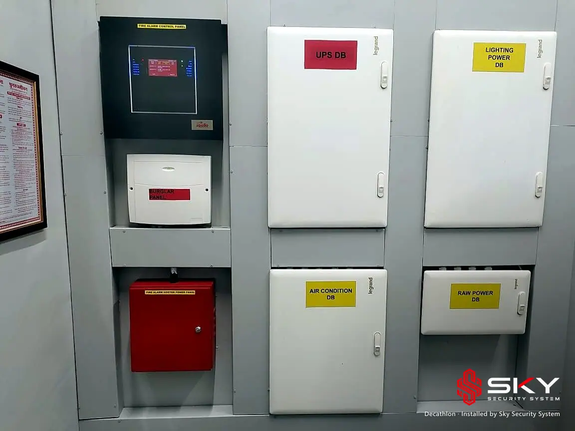 Fire alarm and electrical panel wall at the Decathlon site. Security and ELV work by Sky Security System.