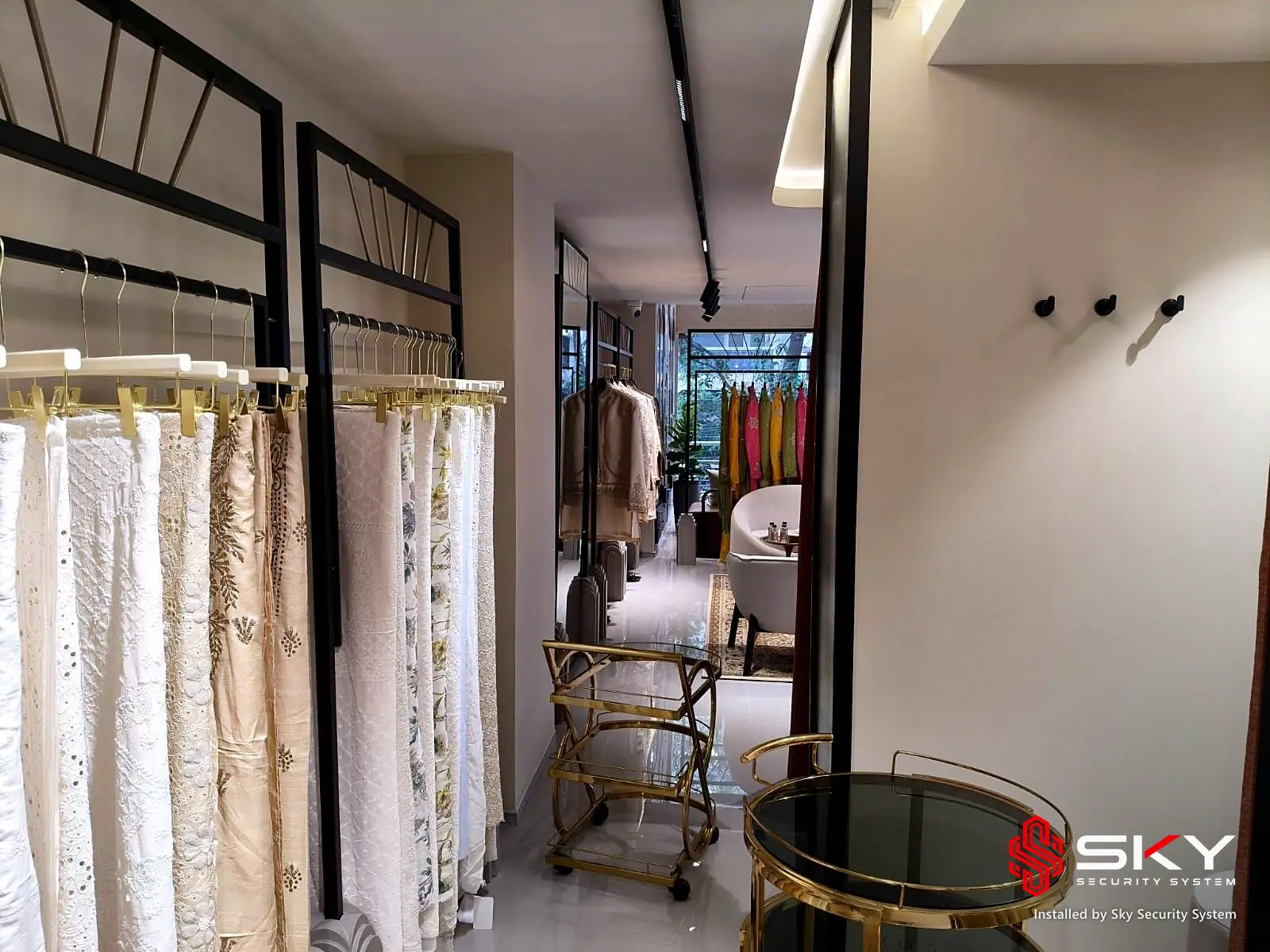 Garment display area at a fashion boutique, Hyderabad. Security and ELV work by Sky Security System.