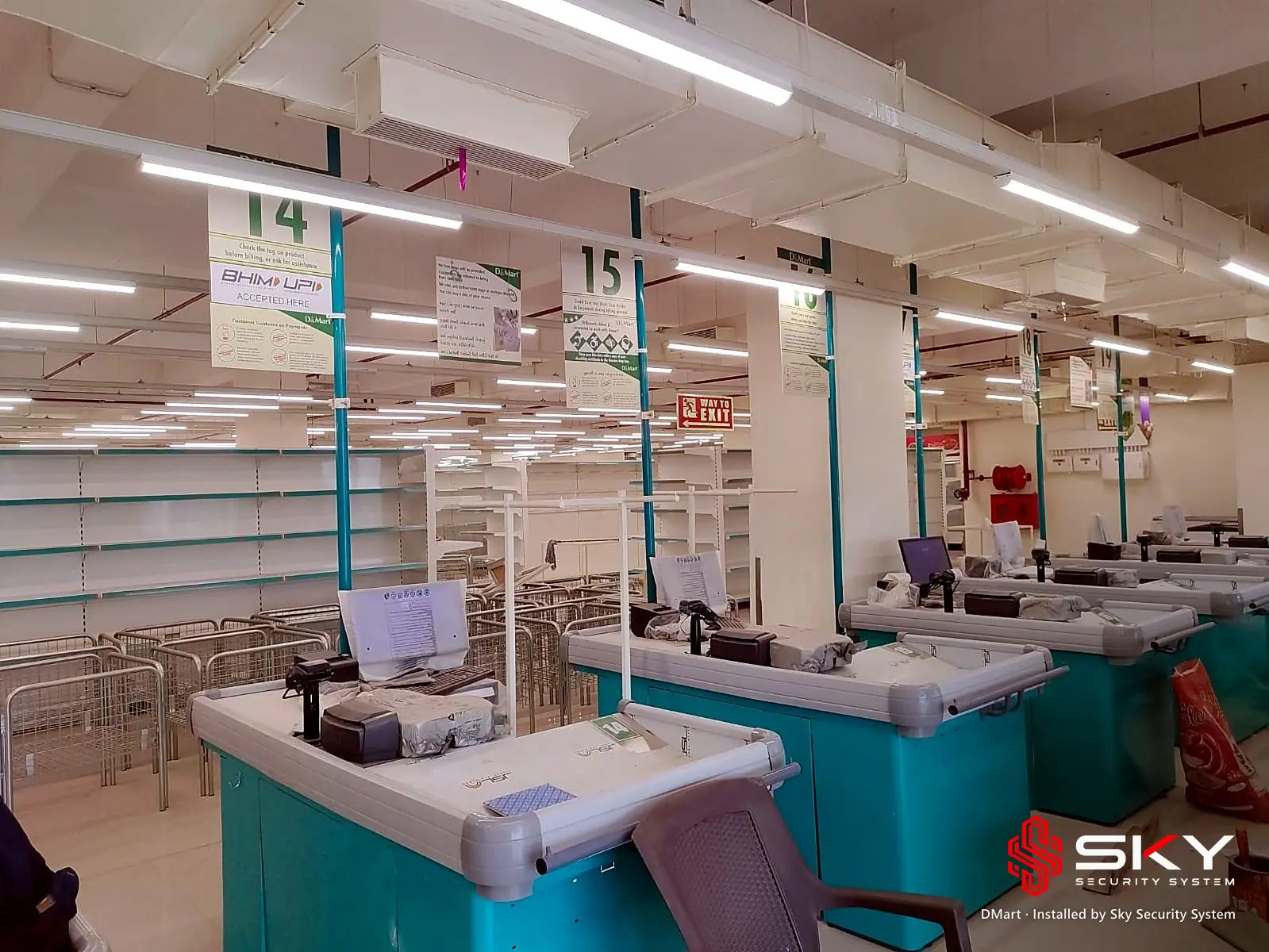 Billing counters before opening at the DMart site. Security and ELV work by Sky Security System.