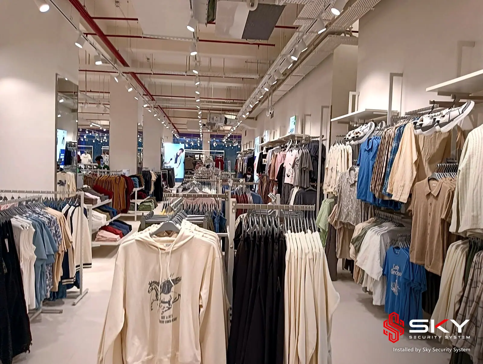 Store aisle at a fashion retail. Security and ELV work by Sky Security System.