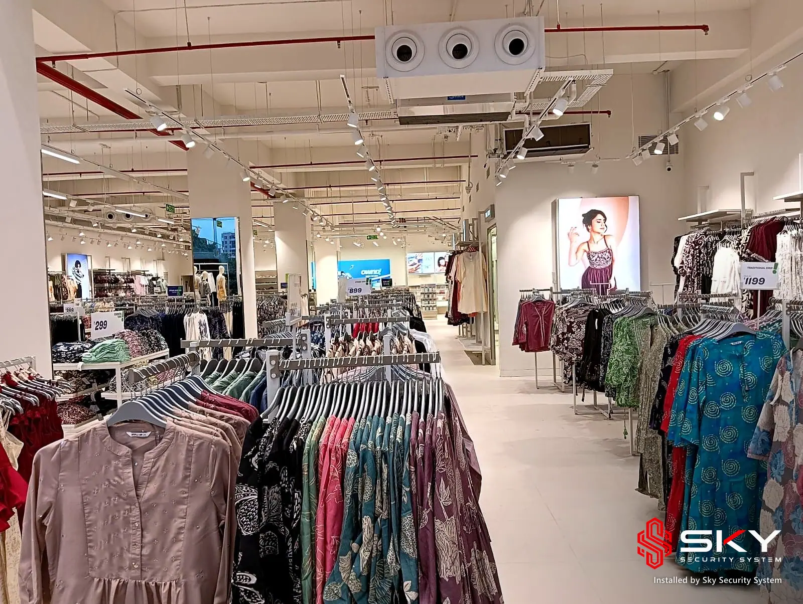 Store floor with an open ceiling at a fashion retail. Security and ELV work by Sky Security System.