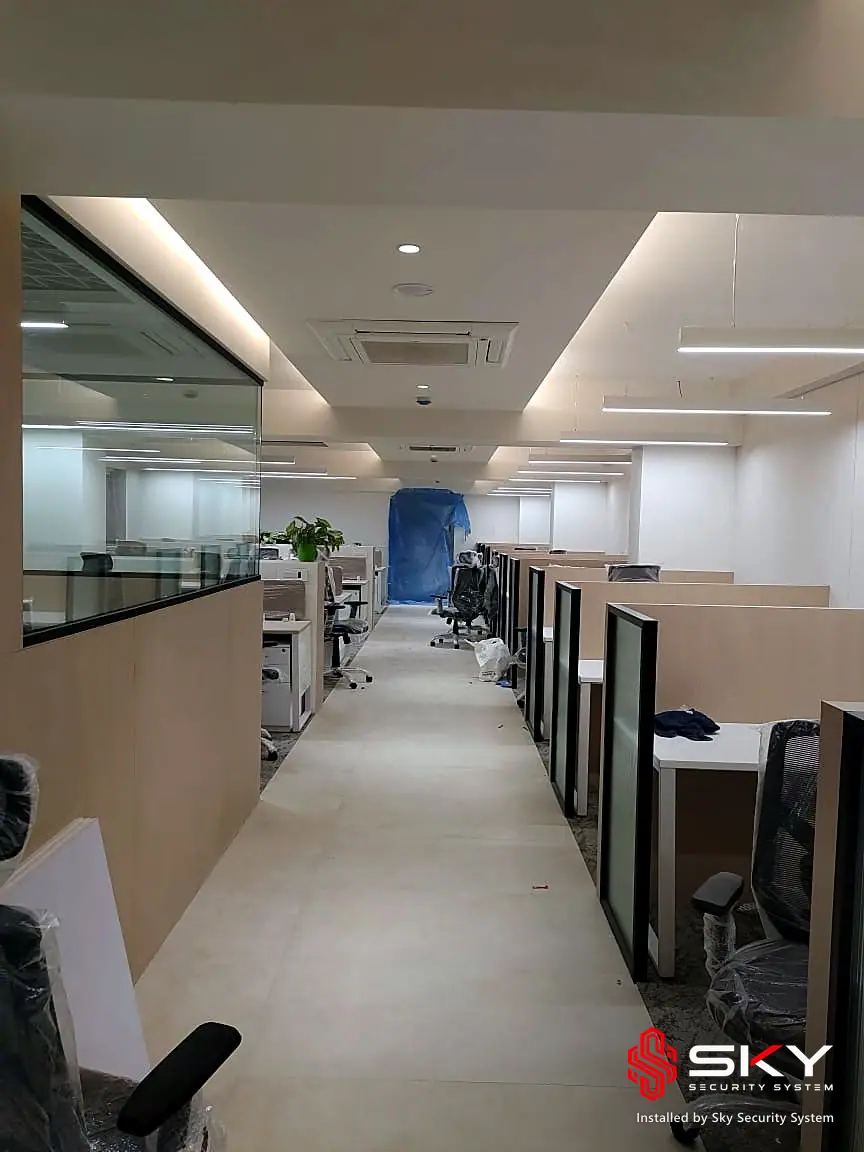 Workstation aisle at a corporate office. Security and ELV work by Sky Security System.