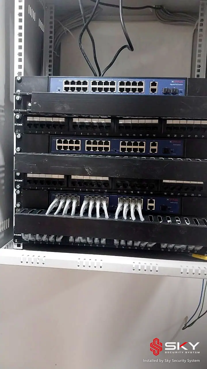 Wall-mounted network rack at an it office and warehouse. Security and ELV work by Sky Security System.