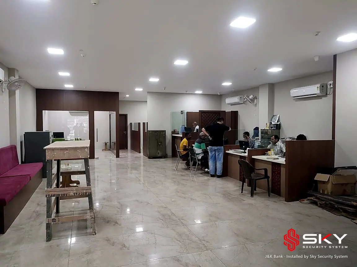 Banking hall at the J&K Bank site. Security and ELV work by Sky Security System.