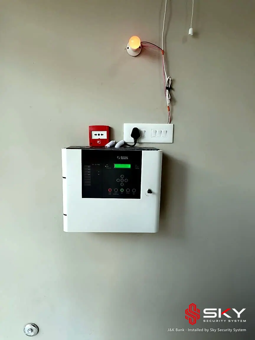 Fire alarm control panel at the J&K Bank site. Security and ELV work by Sky Security System.
