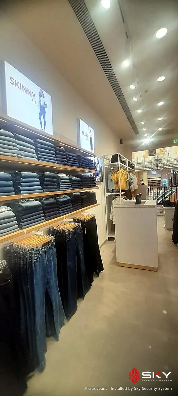 Denim wall at the Kraus Jeans site. Security and ELV work by Sky Security System.