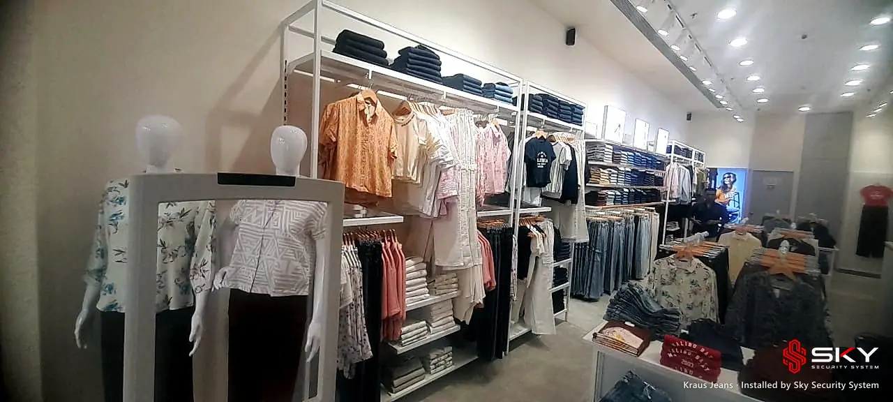Display area at the Kraus Jeans site. Security and ELV work by Sky Security System.