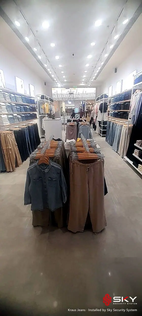 Store aisle at the Kraus Jeans site. Security and ELV work by Sky Security System.