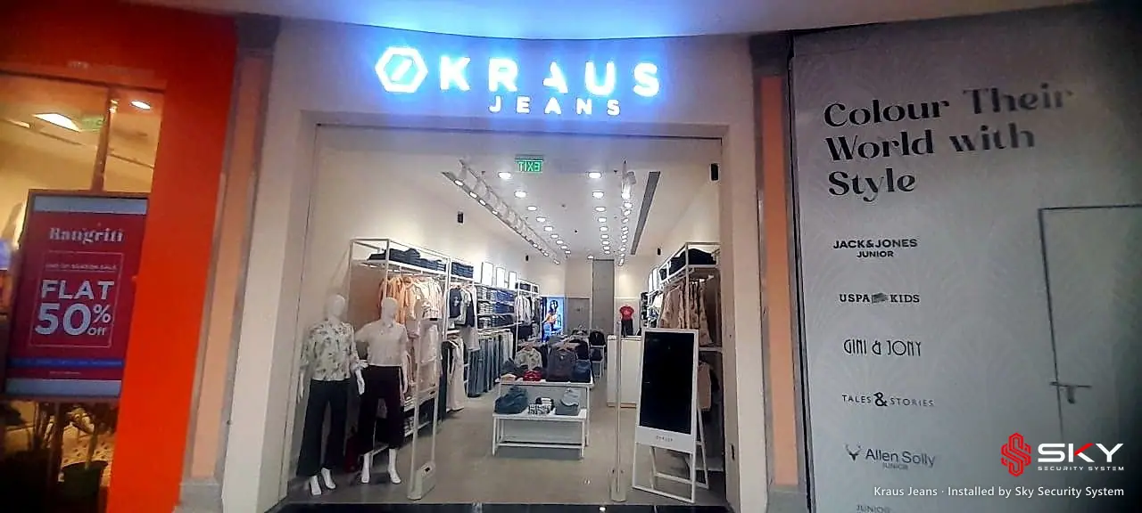 Kraus Jeans store front at the Kraus Jeans site. Security and ELV work by Sky Security System.