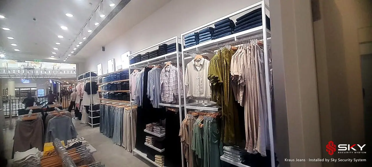 Store interior at the Kraus Jeans site. Security and ELV work by Sky Security System.