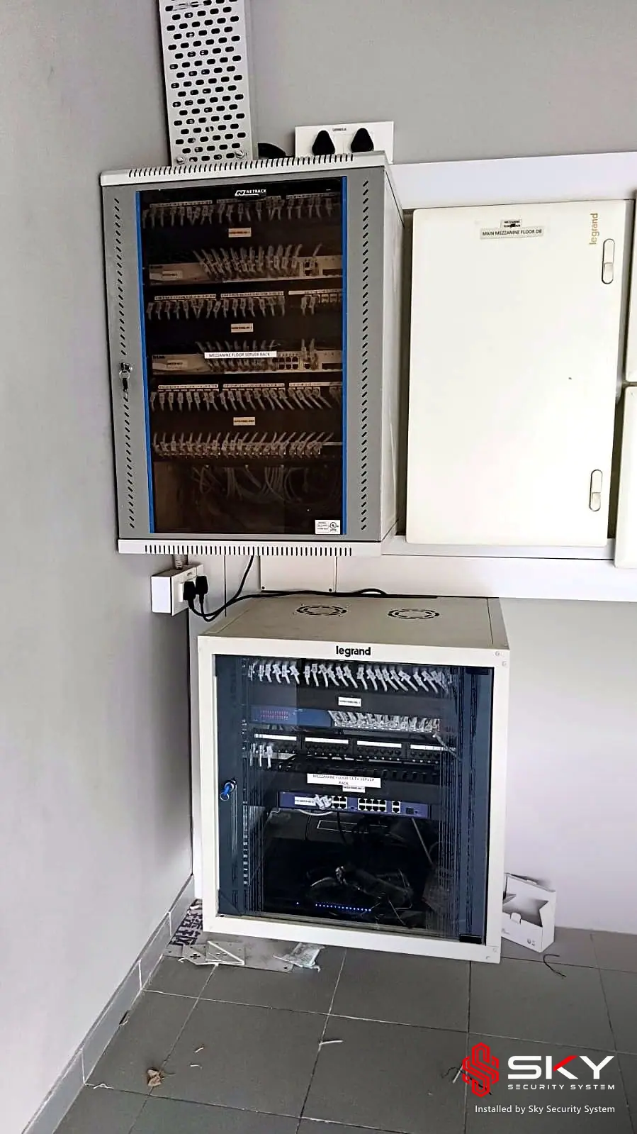 Wall-mounted network racks at an automotive showroom. Security and ELV work by Sky Security System.