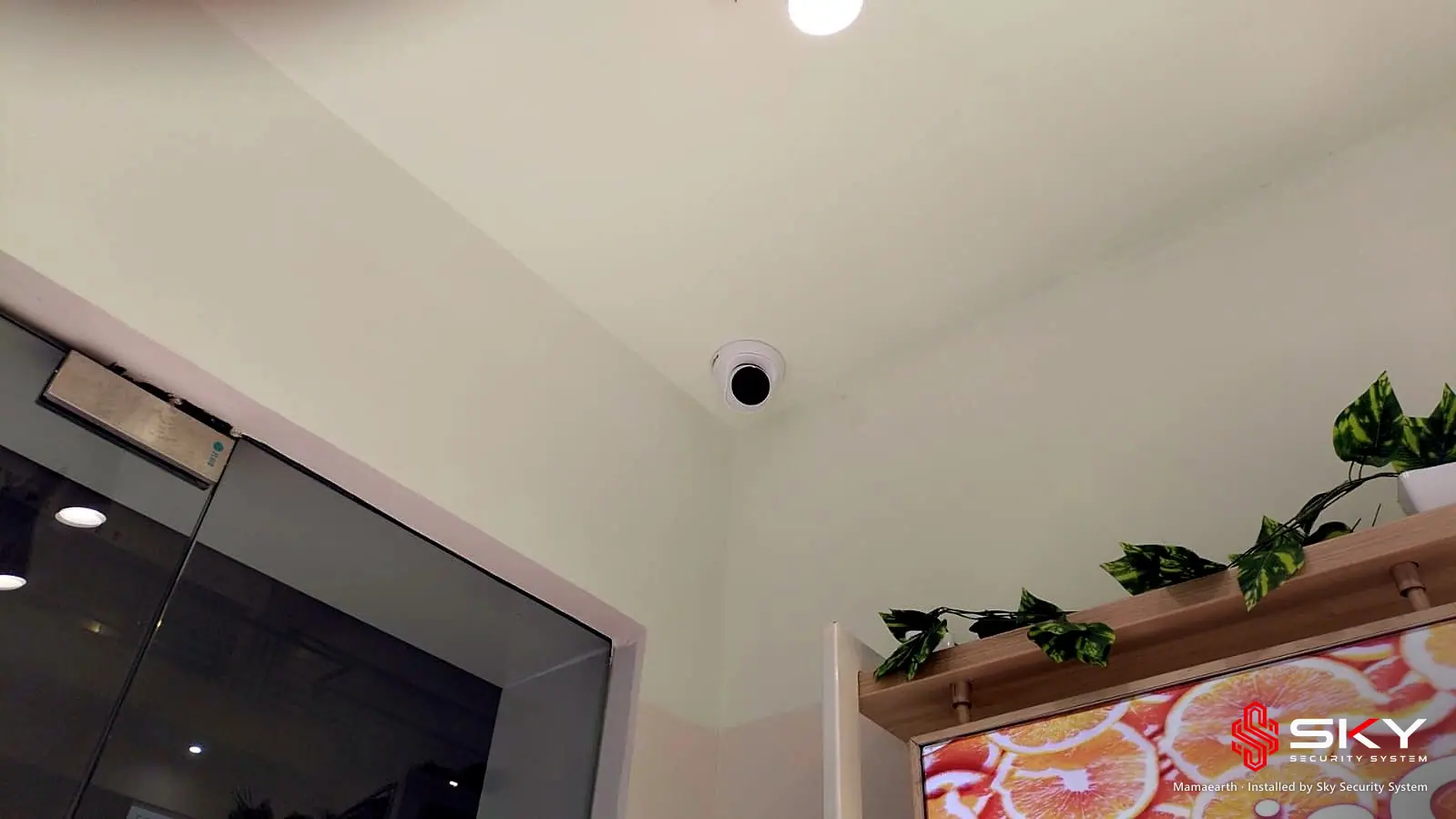 Ceiling camera near the entrance at the Mamaearth site. Security and ELV work by Sky Security System.