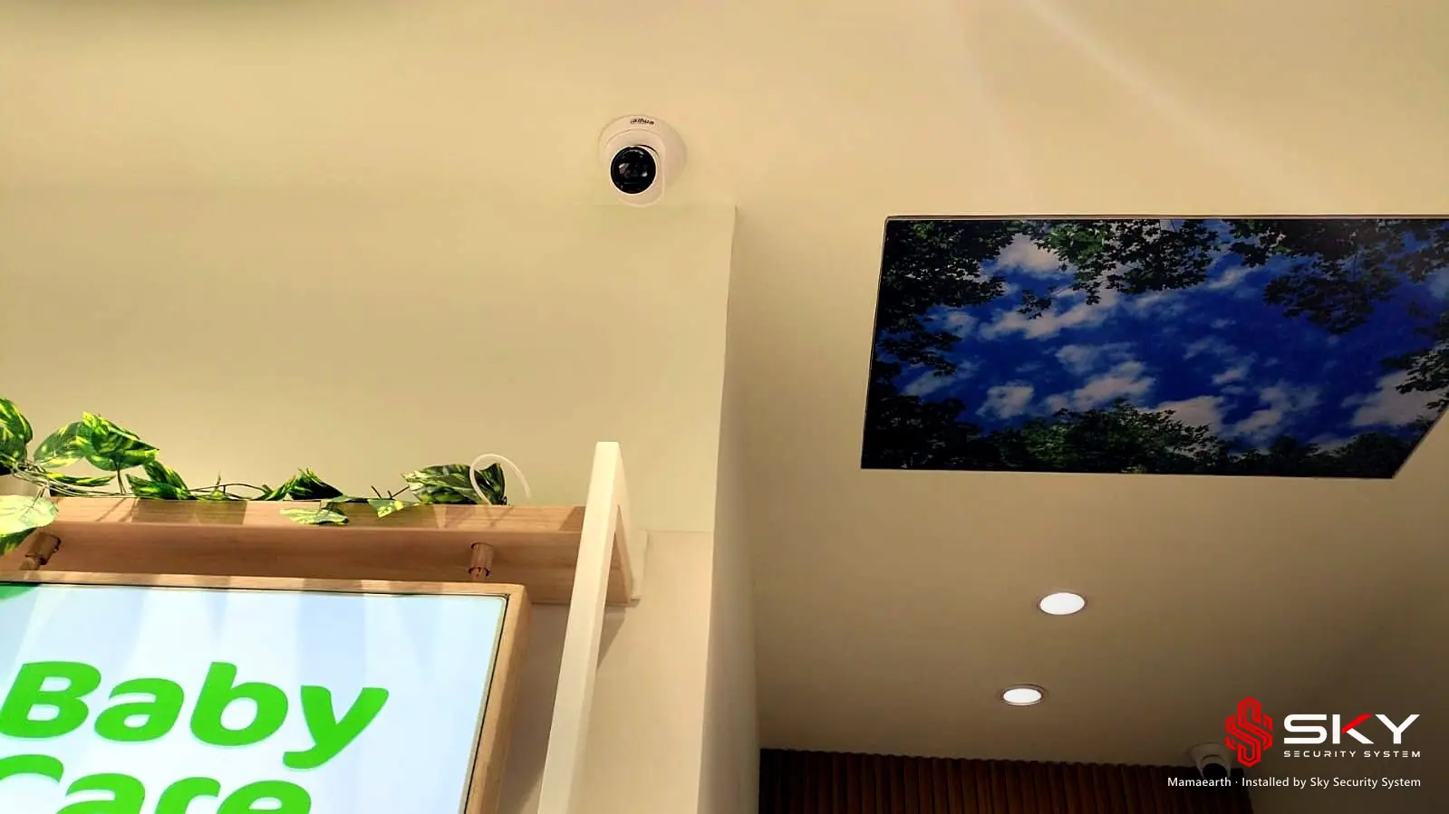 Ceiling dome camera at the Mamaearth site. Security and ELV work by Sky Security System.