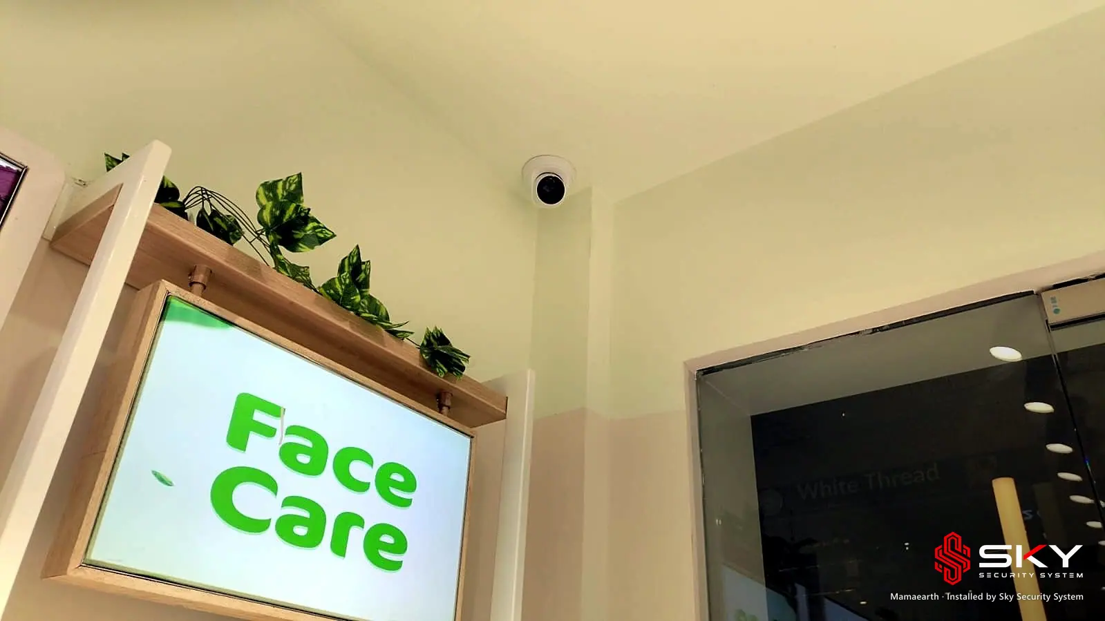 Dome camera above a display at the Mamaearth site. Security and ELV work by Sky Security System.