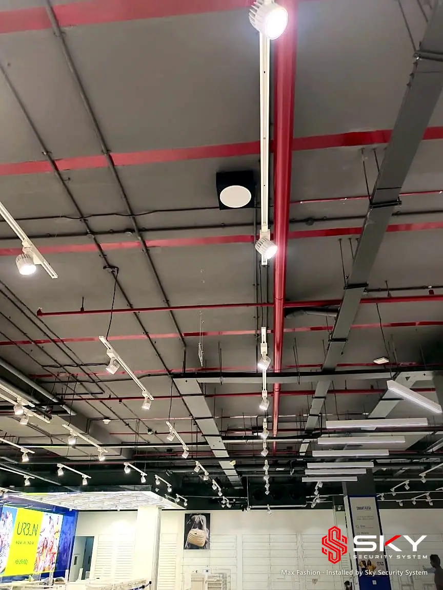 Open ceiling above the shop floor at the Max Fashion site. Security and ELV work by Sky Security System.