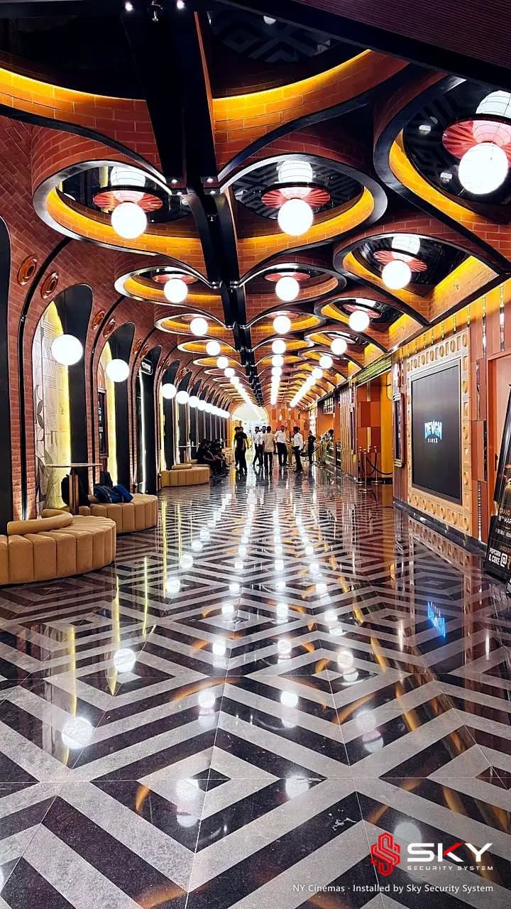 Cinema lobby corridor at the NY Cinemas site, Thane. Security and ELV work by Sky Security System.
