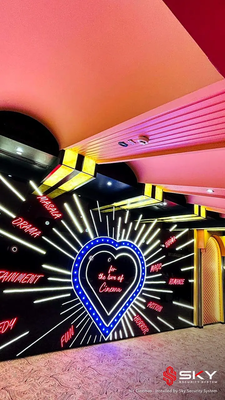 Neon heart wall at the NY Cinemas site, Thane. Security and ELV work by Sky Security System.