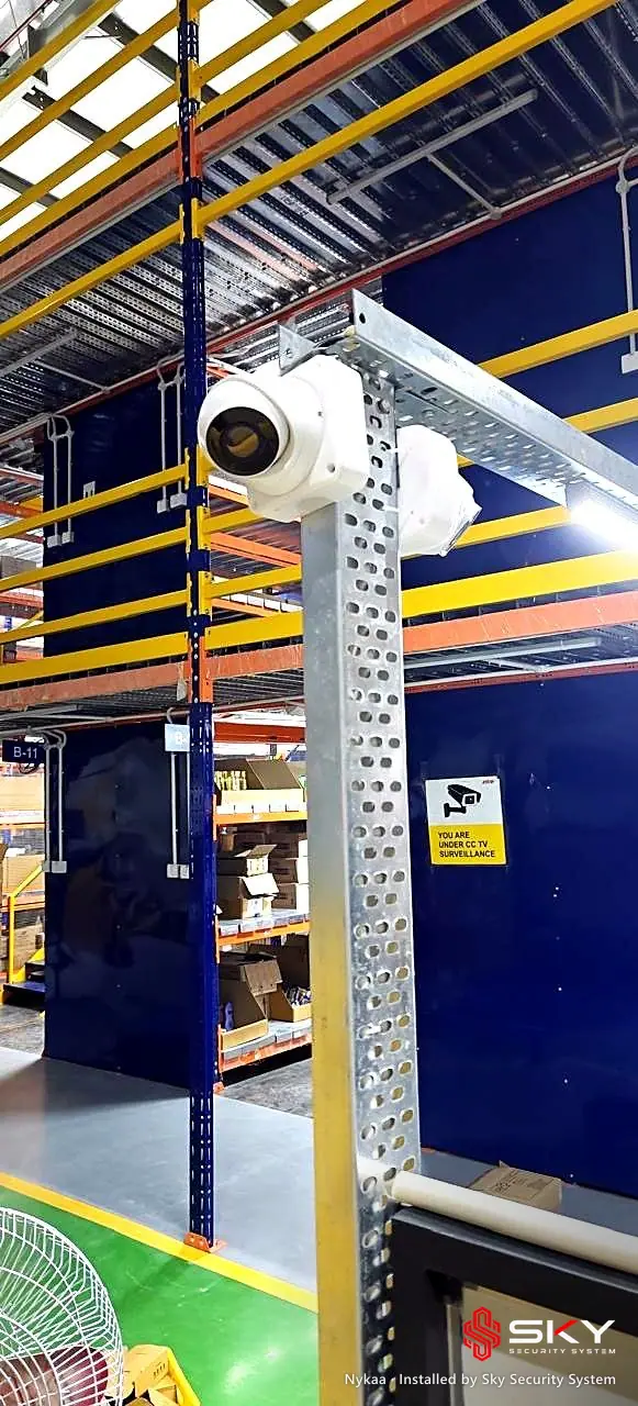 Camera on a racking post at the Nykaa site. Security and ELV work by Sky Security System.