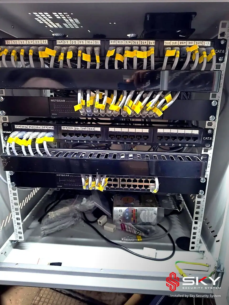 Network rack at a pharma. Security and ELV work by Sky Security System.