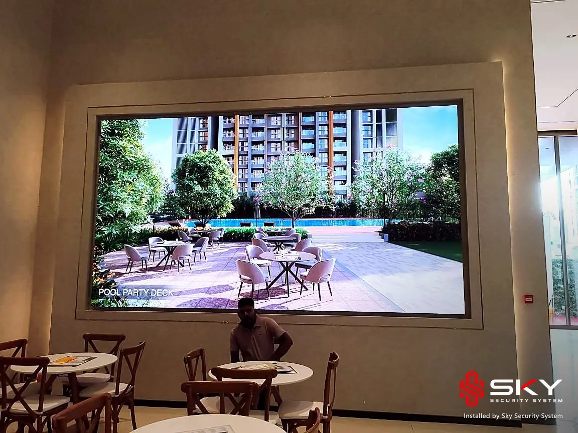 LED video wall in the lounge at a real estate. Security and ELV work by Sky Security System.