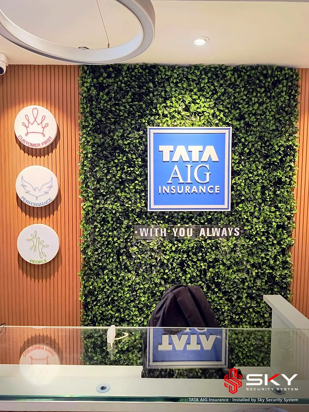 TATA AIG reception wall at the TATA AIG Insurance site. Security and ELV work by Sky Security System.