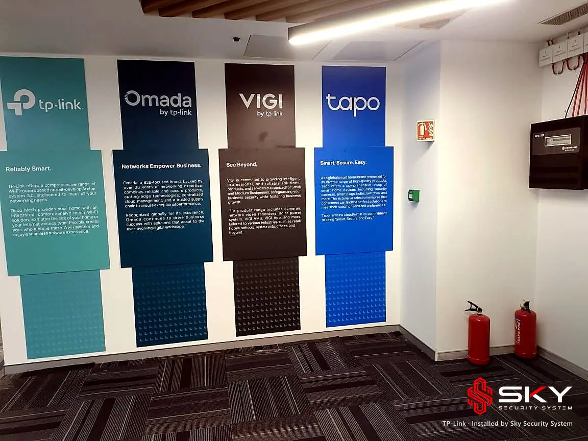 TP-Link brand wall at the TP-Link site. Security and ELV work by Sky Security System.