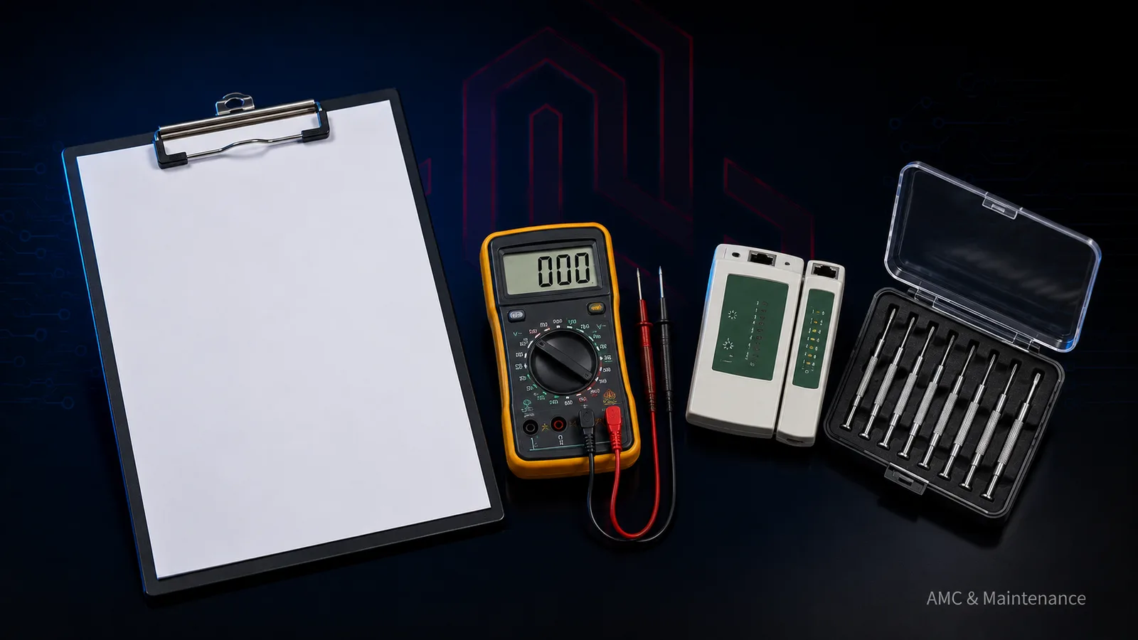 Service clipboard with multimeter, LAN cable tester and precision screwdriver set