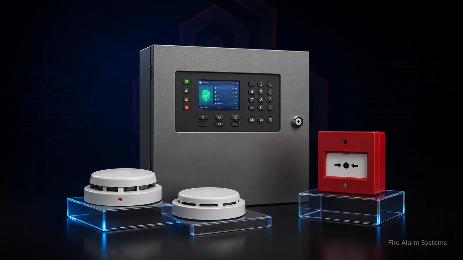 Fire alarm control panel with smoke detectors and manual call point