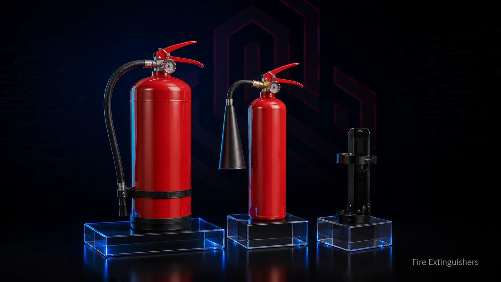 ABC dry powder and CO2 fire extinguishers with wall mounting bracket