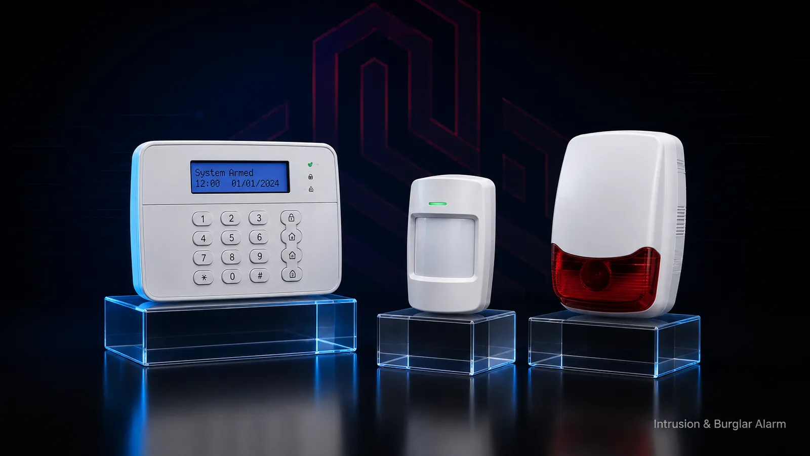 Intrusion alarm keypad panel, PIR motion sensor and outdoor siren