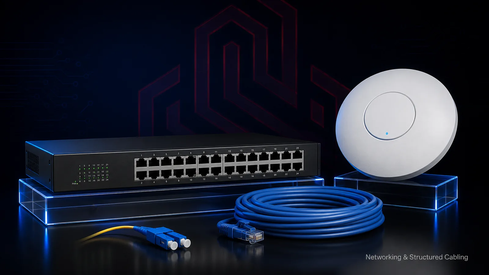 24-port network switch, Cat6 cable, fibre connector and ceiling WiFi access point
