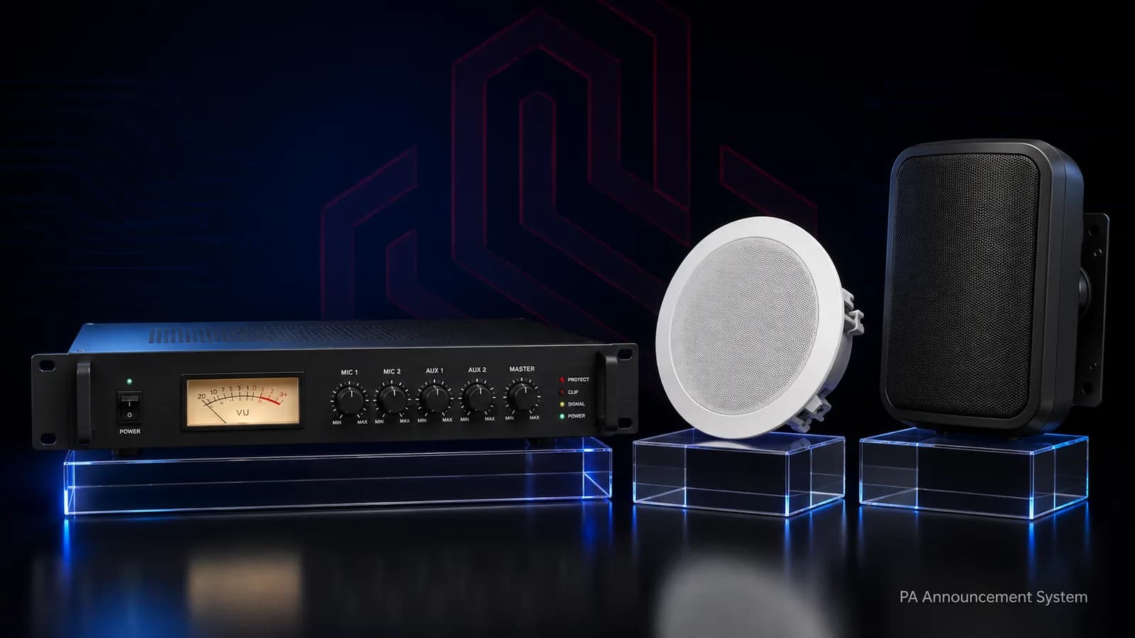Rack-mount PA amplifier with ceiling and wall-mount speakers