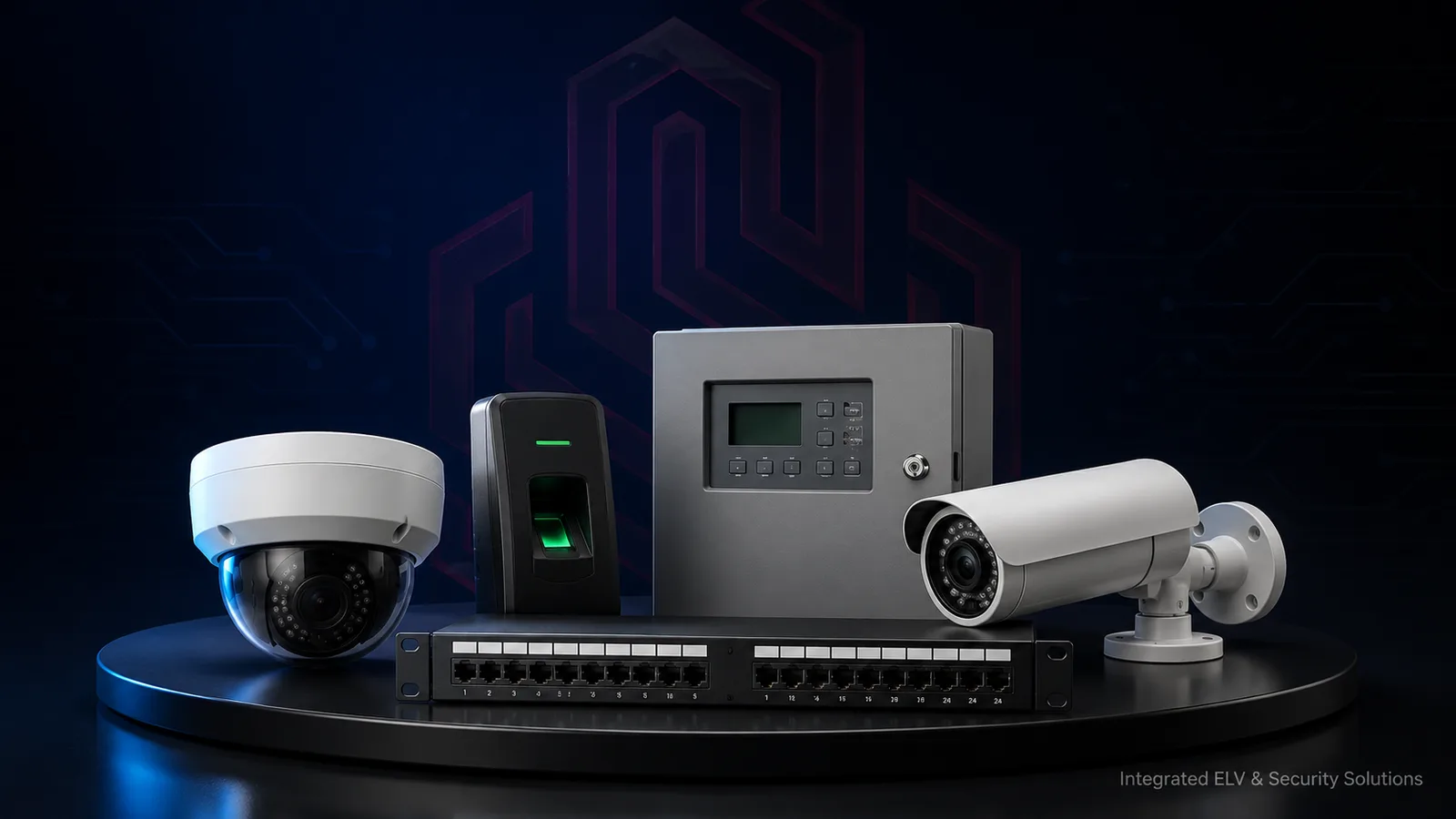 CCTV cameras, access control reader, fire alarm panel and network patch panel