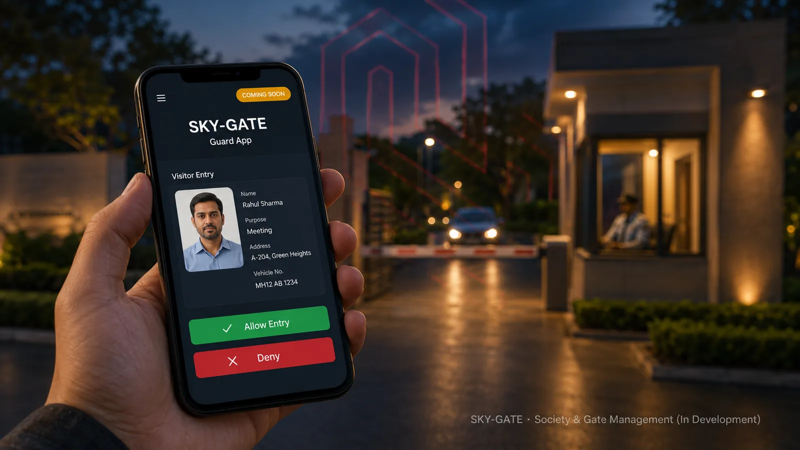 SKY-GATE guard app shown on a phone at a society gate, marked coming soon
