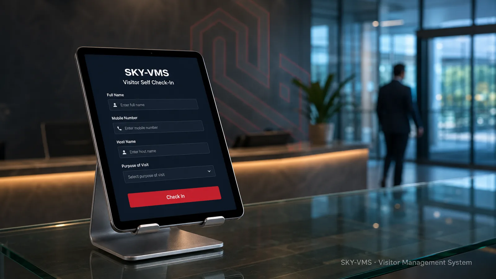 SKY-VMS visitor self check-in running on a reception tablet