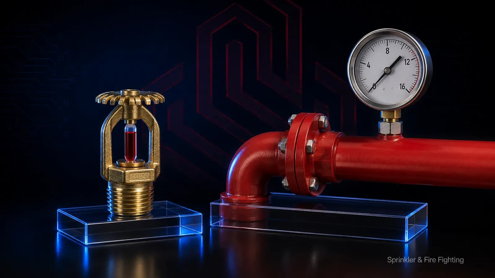 Brass fire sprinkler head with red fire-fighting pipe and pressure gauge