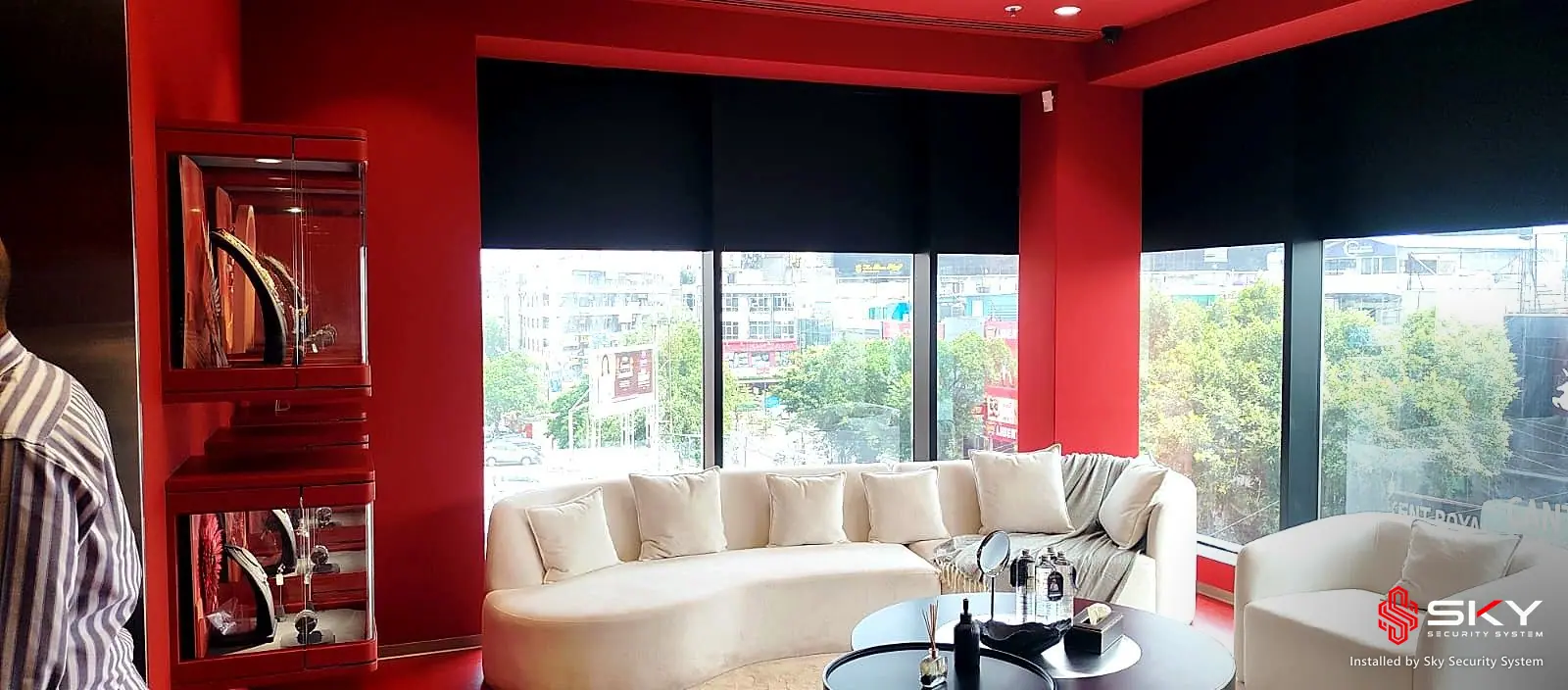 Lounge with city view at a luxury retail. Security and ELV work by Sky Security System.
