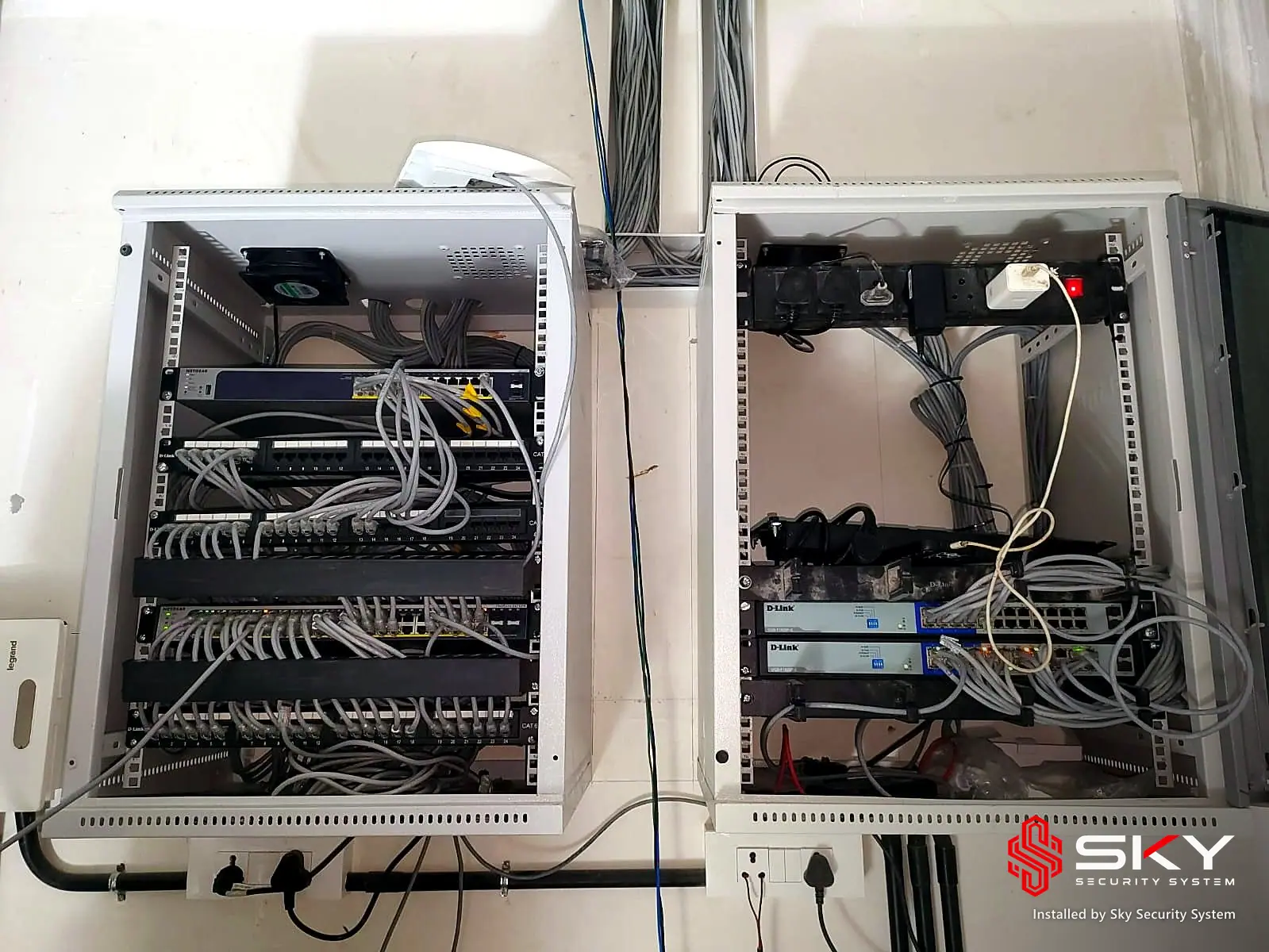 Network racks at a real estate. Security and ELV work by Sky Security System.