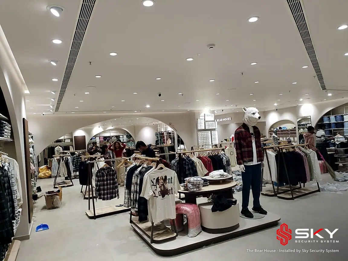 Menswear store floor at the The Bear House site. Security and ELV work by Sky Security System.