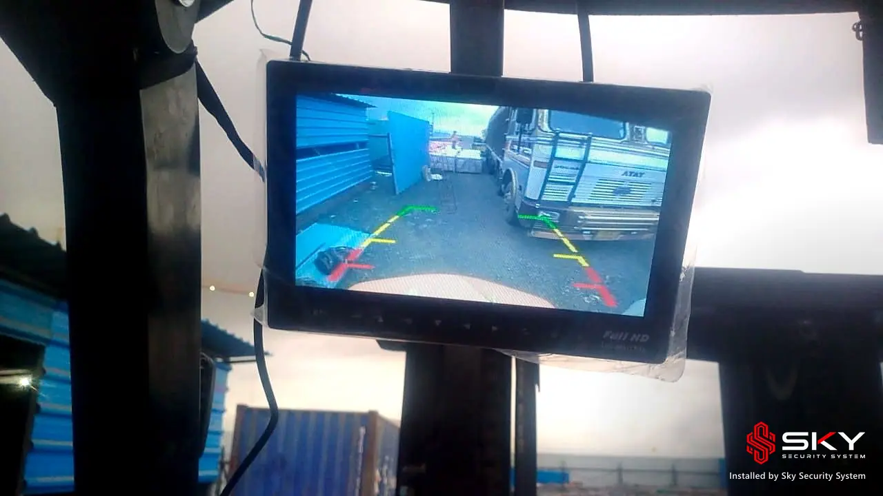 Forklift reversing camera monitor at a warehouse, Navi Mumbai. Security and ELV work by Sky Security System.